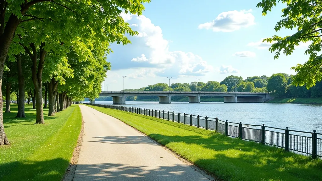Jēkabpils Daugavas promenāde ar skatu uz upi un tiltu, vasaras dienā