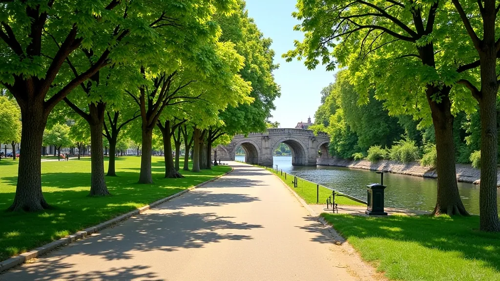 Daugavas promenādes ziemeļu daļa ar Aizsargu tiltu un vēsturiskajām ēkām, skaidra diena